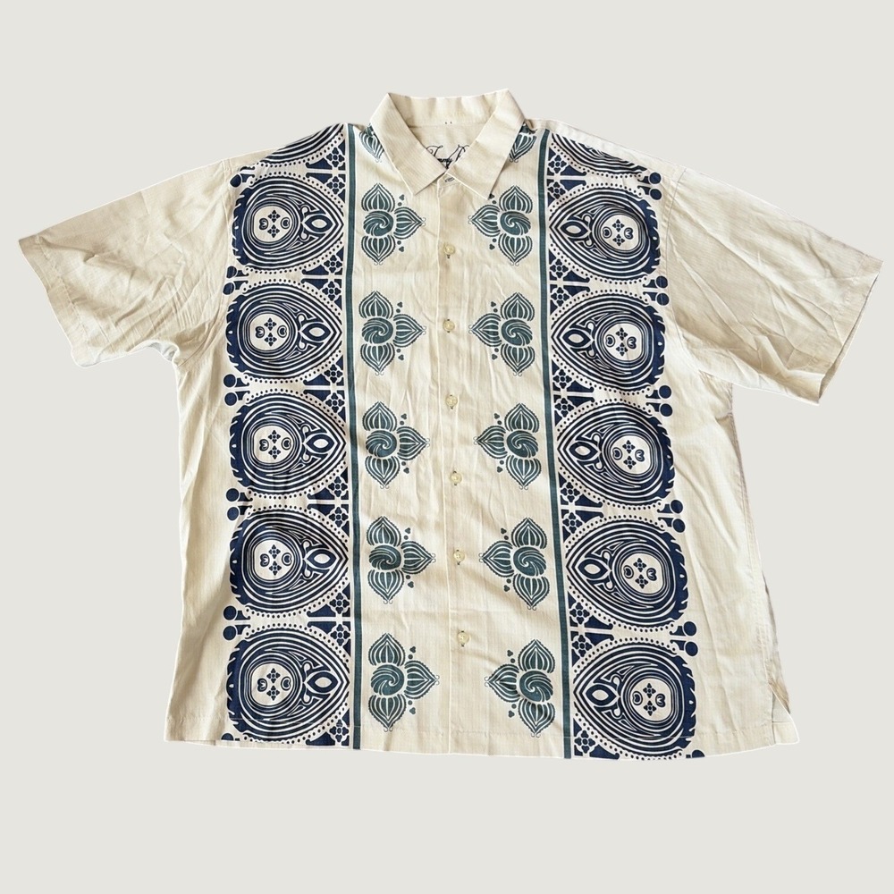 Tommy Bahama Button Up Shirt XXL Cream Silk Tropical Floral Aztec Print EUC